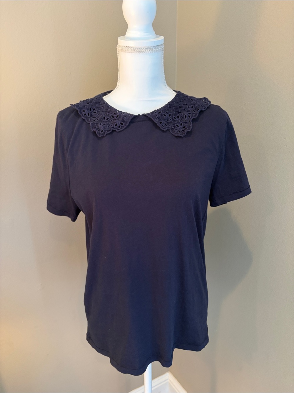 J. Crew Navy Short Sleeve Tee with Eyelet Peter Pan Collar